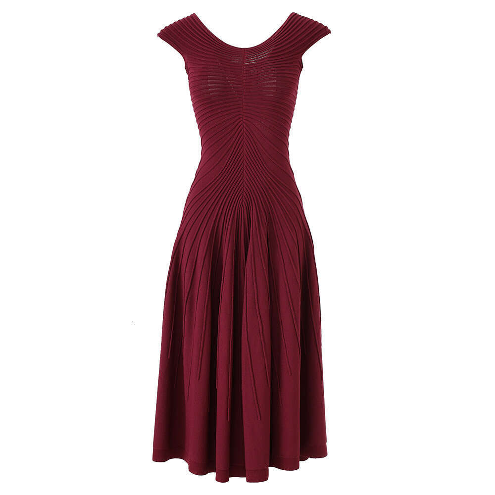 2026 designer high-quality synthetic silk pleated A10 single shoulder sleeveless waistband medium thick knitted fashionable dress