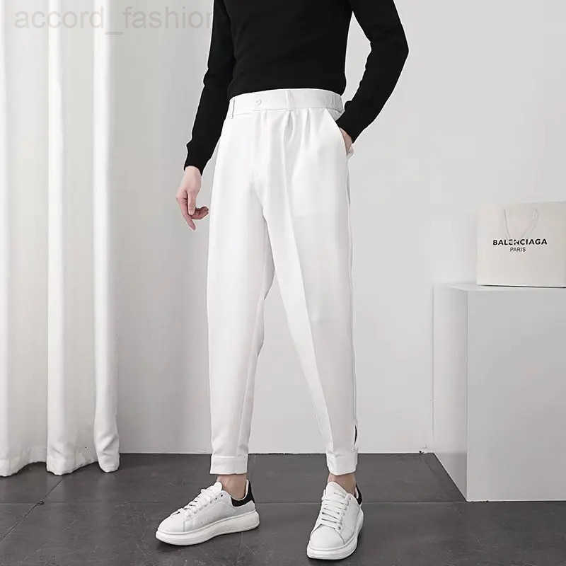 Fashion Men Casual Pants Elastic Waist Small Feet Slim Korean Style Pleated Tapered Male Blazer Pants Trousers Streetwear H260330