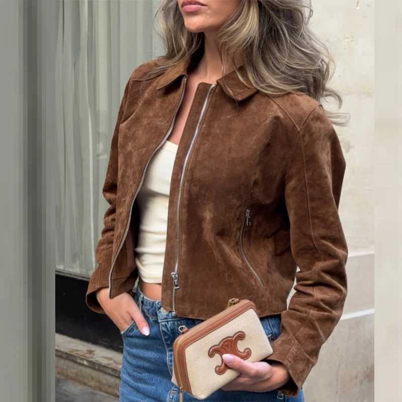 HXAO Cropped Coat Suede Jacket Women Demi-Season Faux Leather Jacket Outerwears Long Sleeve Bomber Jacket Zip Up Short CoatT260328