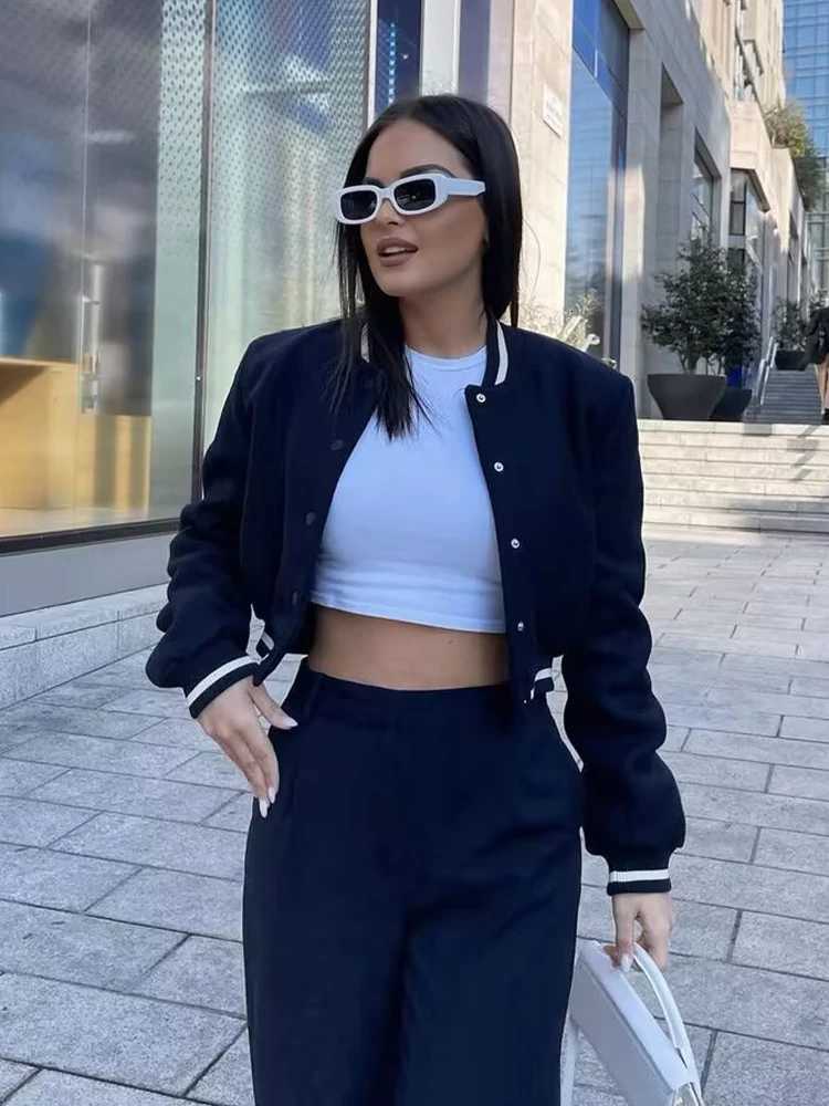 SLTNX Womens Navy Blue Loose Bomber Jacket Spring Casual Streetwear Long Sleeve Front Button Stand Collar Coat OuterwearT260328