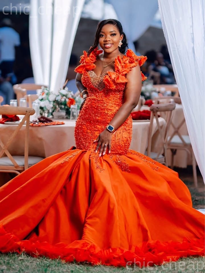 2k26 Orange Prom Dress 2026 Mermaid Florals Pearls Satin Sheer Neck Evening Dress Sequined Birthday Formal Women Pageant Dinner Party Gowns Dresses ZJ