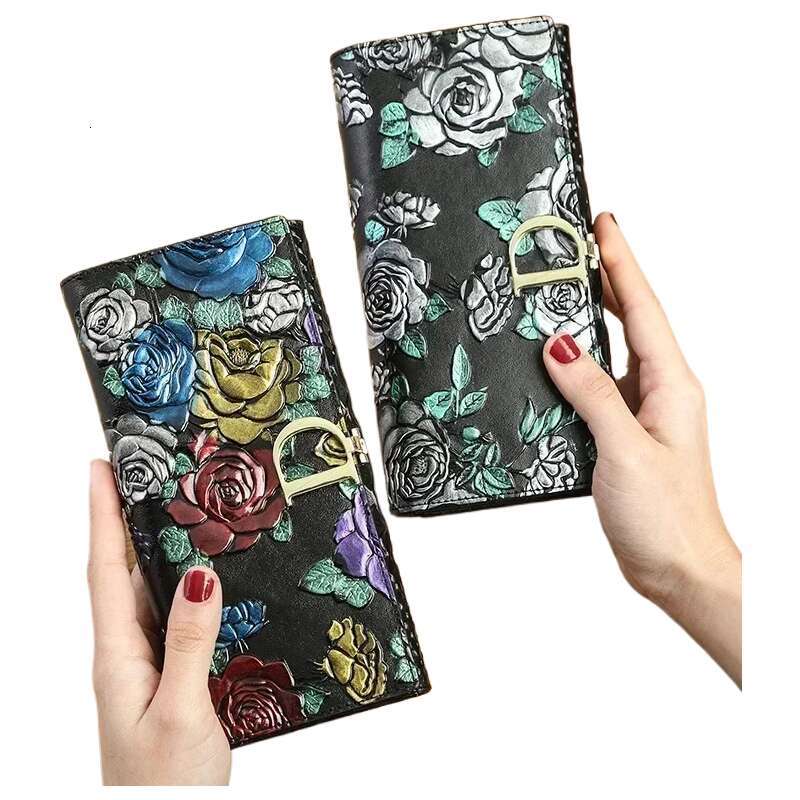Chinese Embroidery Genuine Leather Female D Embossing Ladies Personality Retro Long Clutch Wallet Women Purse Coin Holders Clutch Bags