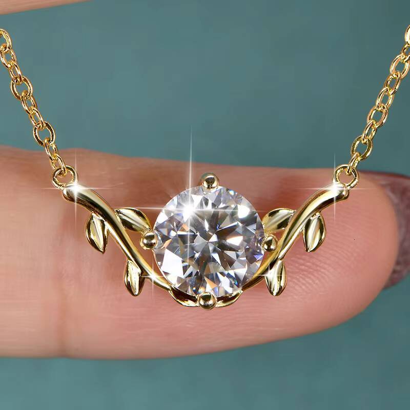 Elegant Shiny Gold Plated D Color VVS1 2CT Moissanite Vine Plant V-Neck Collarbone Chain Leaf Pendant Necklace for Women