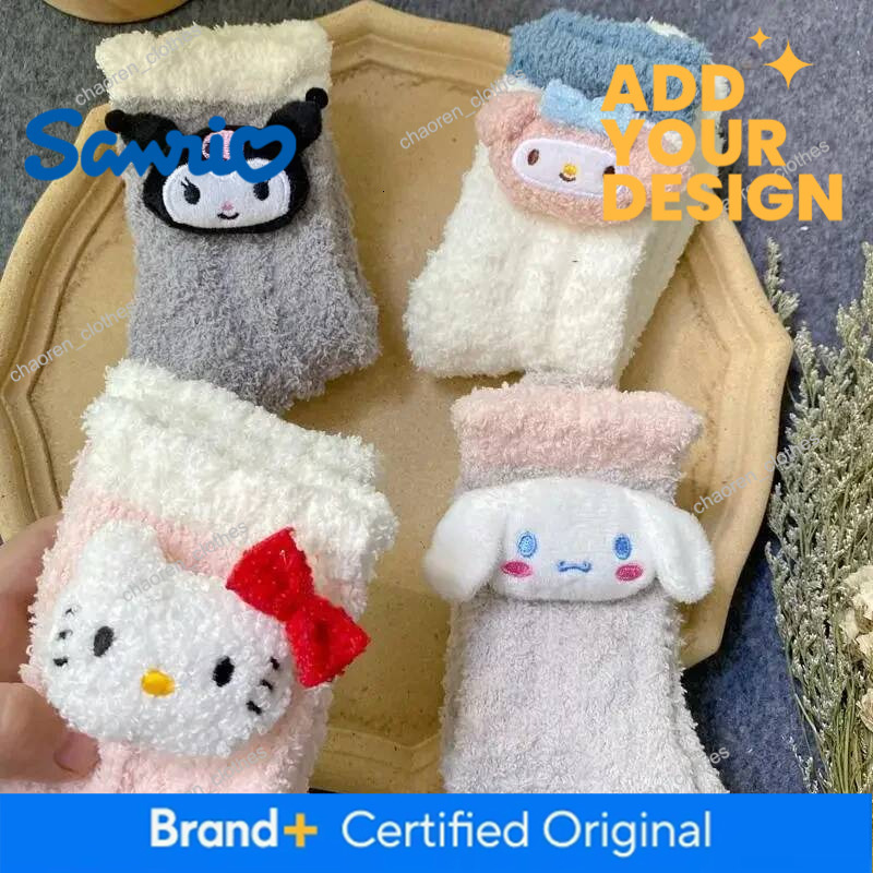 Designer Kawaii Hello Kitty Kuromi Plush Socks Coral Velvet Socks Plush Stuff Things Cinnamoroll Melody Plush Sock Winter Warm Sock Gifts