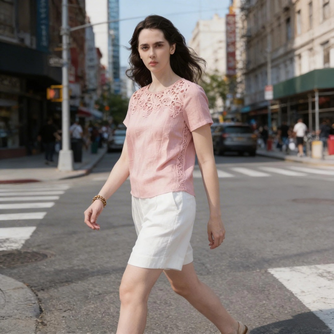 Luxury Designer Womens Pink Linen Lace Blouse Vintage French Style Hollow Out Short Sleeve T-shirt Loose Fit Casual Summer Tops