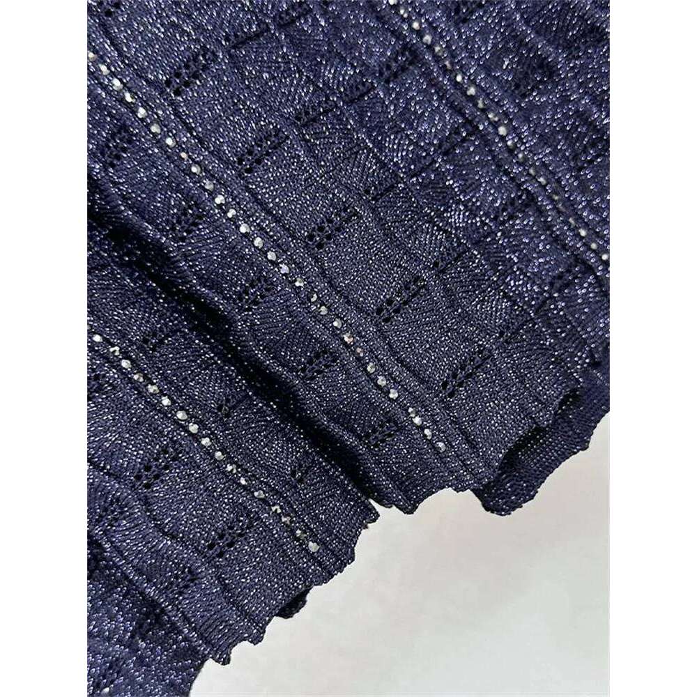 Women Diamond Embellished Sparkling Knitted Dress Hollow Out Elegant Female O-Neck Navy Blue Single Breasted Knit Midi Robe Mdng260330