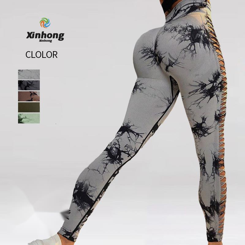 Hollow-out yoga pants, high-waisted peach butt-lifting sports fitness pants, breathable tie-dye seamless yoga wear for women