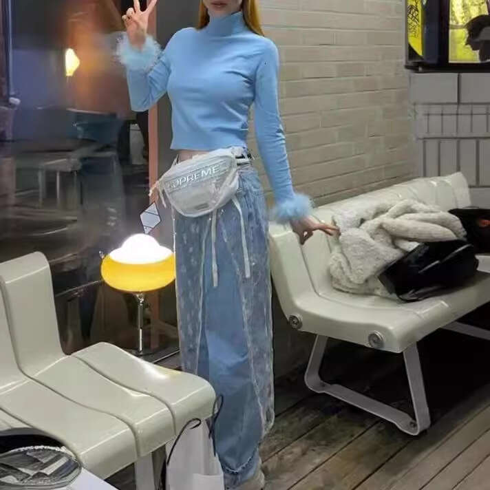 Lace-trimmed multi-layered novel trendy fashion irregular tie strap niche design versatile sequined black and white skirt