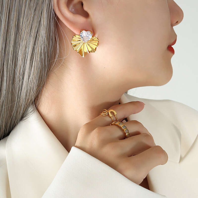Heart-shaped Zircon, Gold Silver Leaf Tassel, Fresh And Simple Earrings, Copper Material Jewelry, Ear Women's Accessories, Wholesale