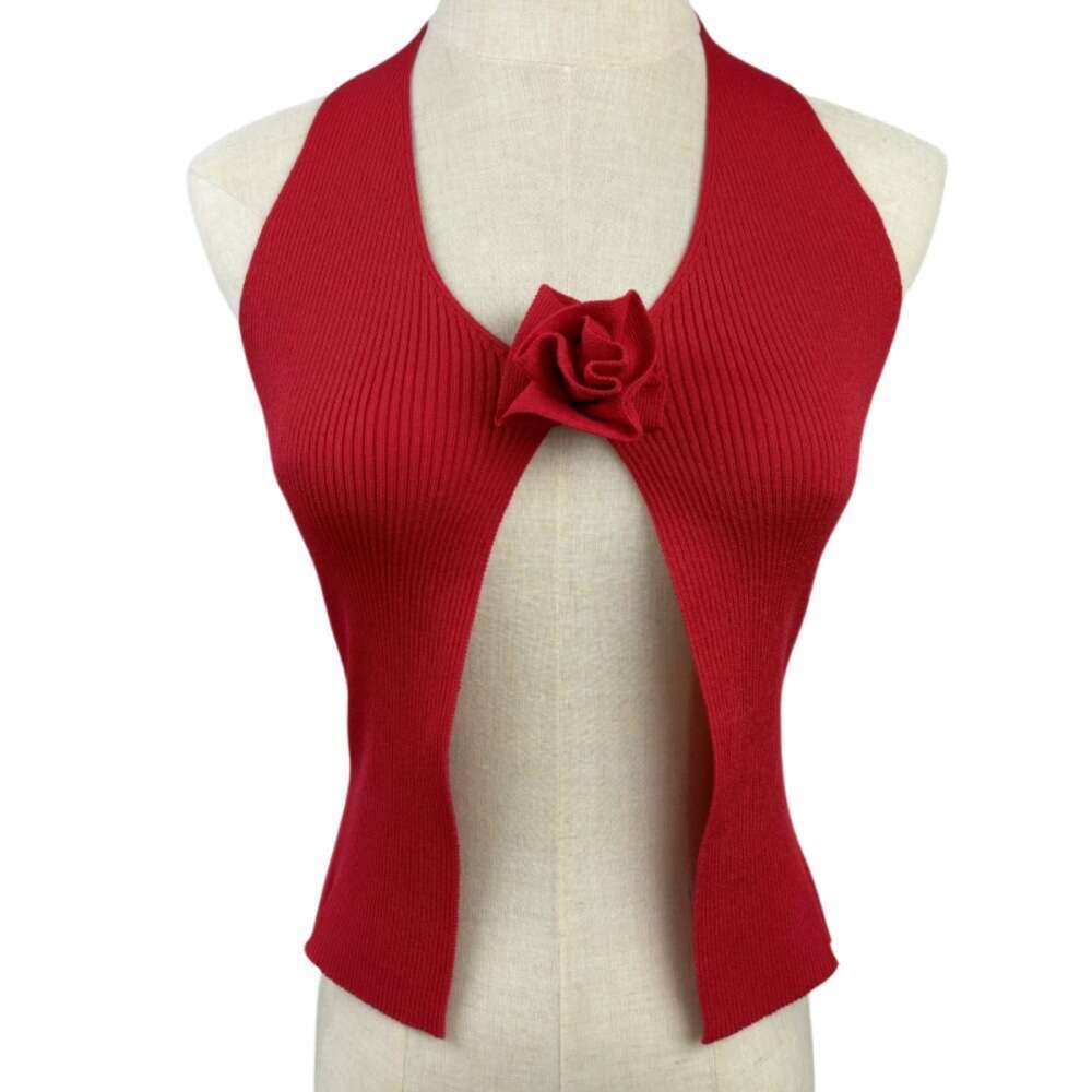 Strap Fashion Style Hot Girl Sexy Slim Fit Floral Design Halter Neck Knitted Vest Top For Women