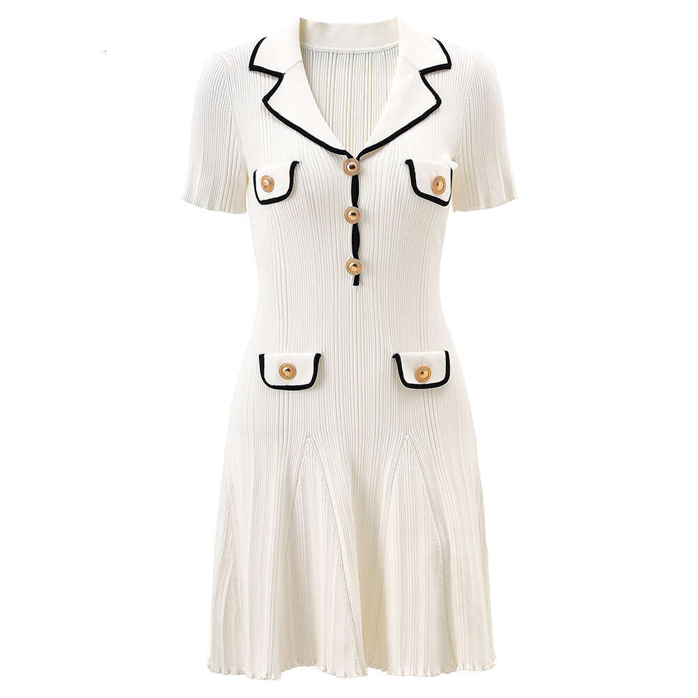 Designer French collar short sleeved knitted women's clothing 2026 spring A10 new elegant socialite slim fit dress