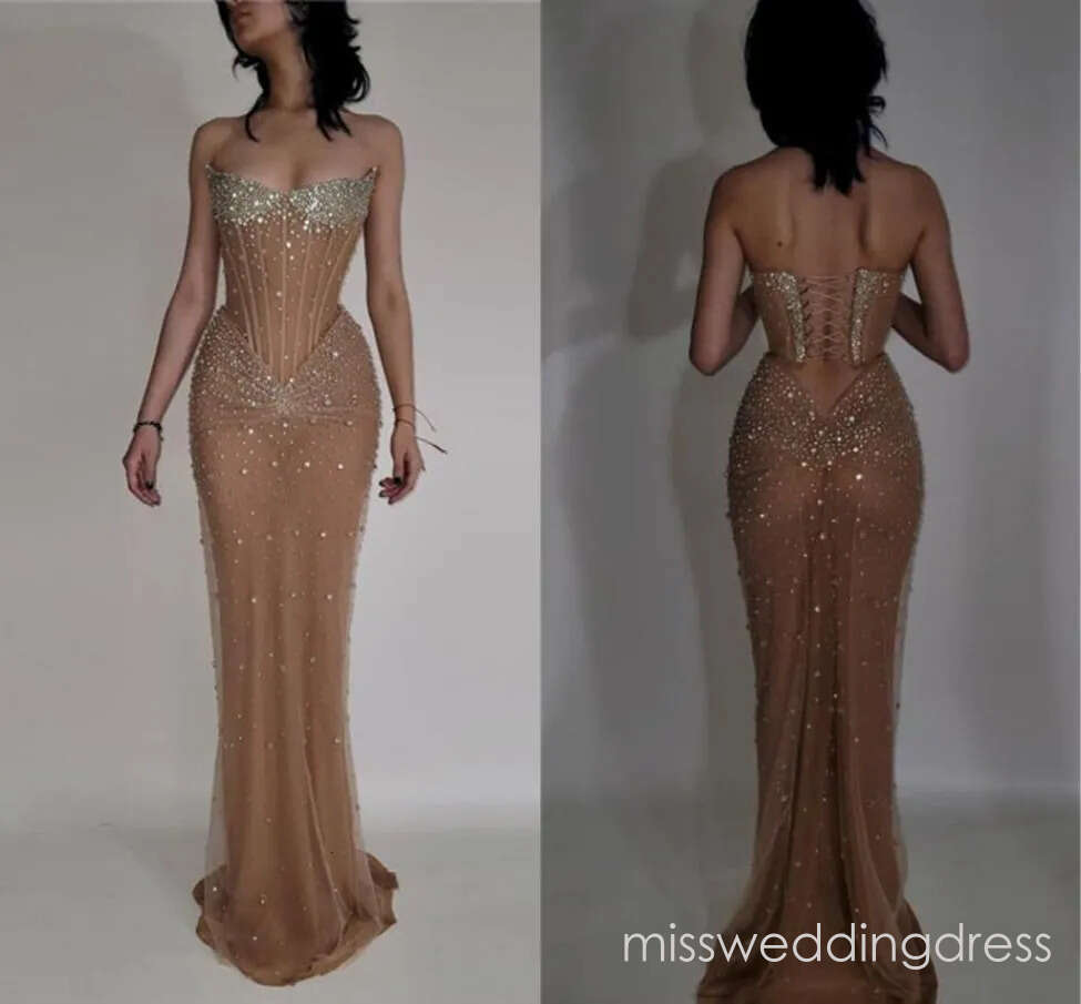Gorgeous Dark Champagne Evening Prom Dresses Sexy Strapless Beads Crystals Corset Backless Long Vestidos de novia BC20529