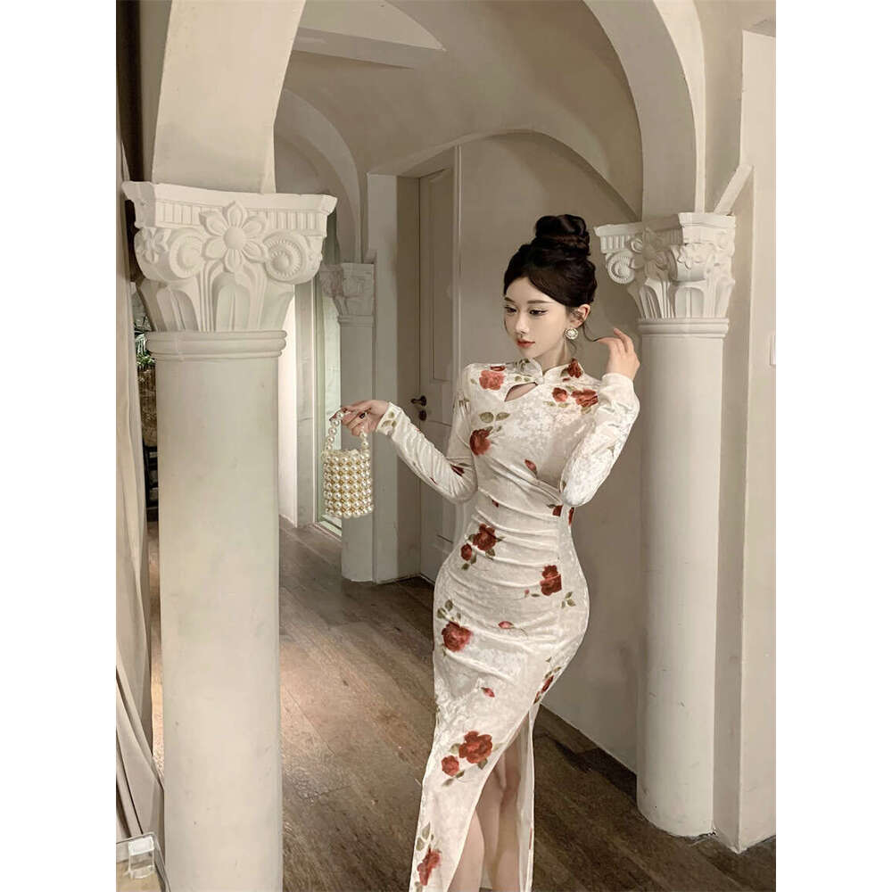 New Elegant Velvet Print Contrast Color Slim Waist Bodycon Skirt Chinese Style Modified Cheongsam Dress Qipao Hanfu Silk
