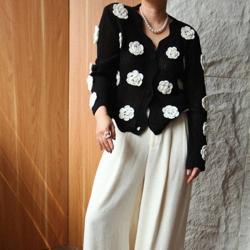 Women Crochet Cardigan Button Down Sweater Long Sleeve Hollow Out 3D Floral Applique Knit Top Spring Fall Fashion