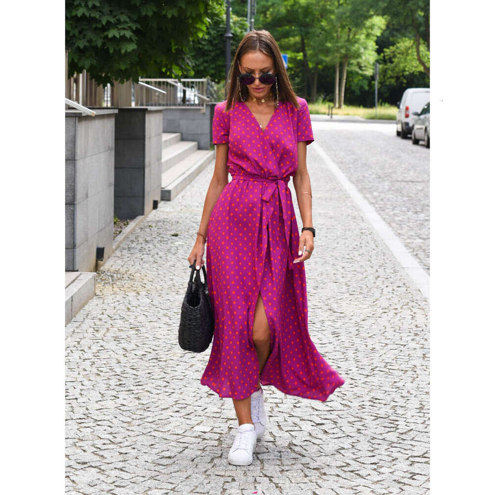 Cross-border women's clothing European and American holiday polka dot print tie-waist V-neck mid-length short-sleeve dress