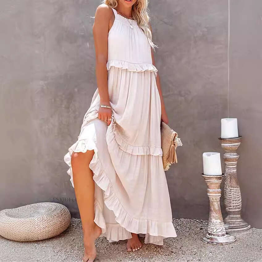 European and American 2026 Summer New Vacation Style Ruffled Long Flared Flowing Beach Dress for Women