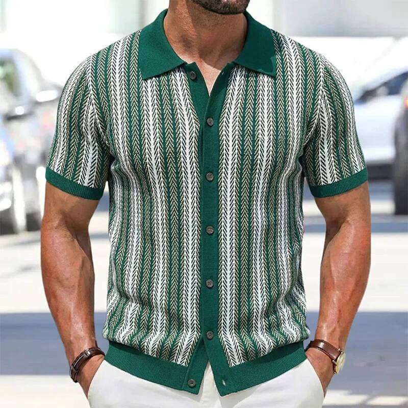 Summer Men Knitted Cardigan Short Sleeve Striped Shirts Fashion Jacquarded Blouse American Retro Premium Quality Knitwear M-3Xl