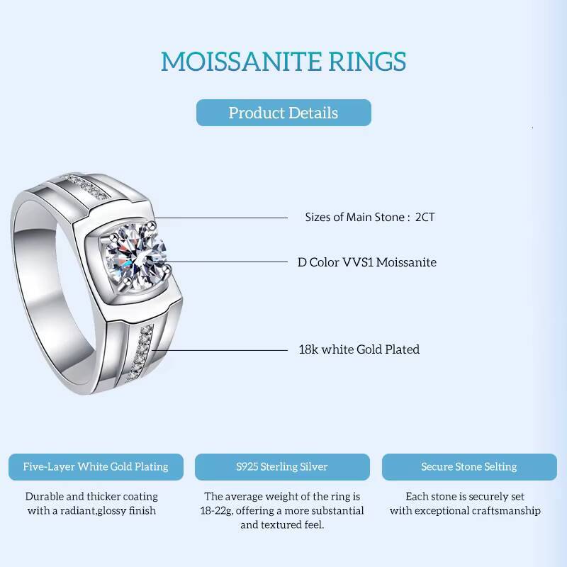 Hip Hop Style 1ct Moissanite Hollow Diamond Star Male Ring 925 Sterling Silver Wedding Jewelry for Men
