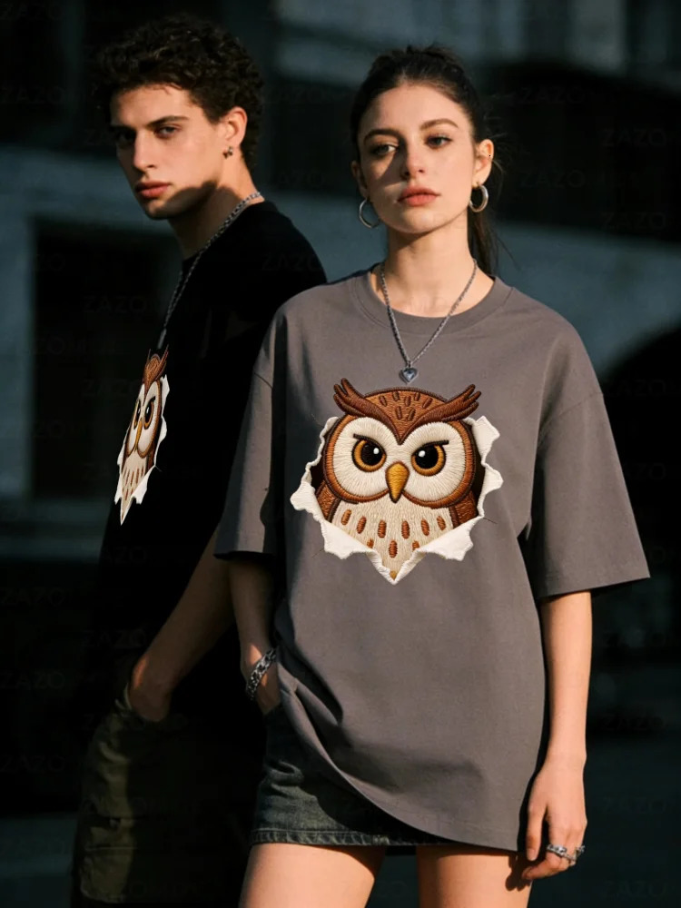 ZAZOMDE Oversized Short Sleeve Cotton Tshirt Owl Graphic Print Men Women High Street Streetwear Loose Fit Casual Daily Wear 260312