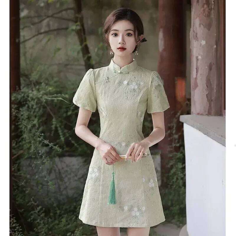 Women Green Improved Cheongsam Slim Vintage Floral Short Dress Summer Party Costumes Sweet Qipao S To XXL MAKOUFEI