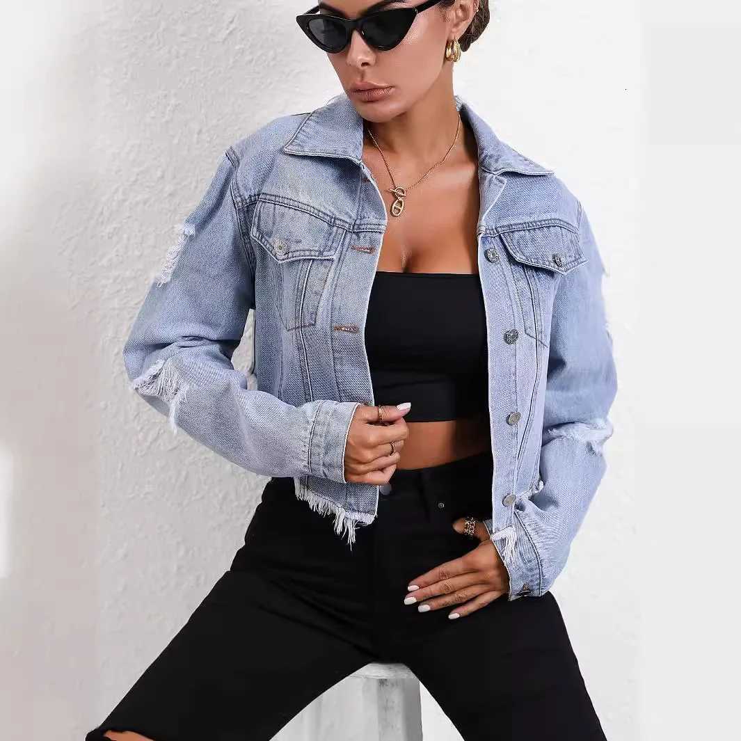 Ripped Distressed Women Denim Jackets Single Breasted Cardigan Coat Turn Down Collar Solid Streetwear Pockets Washed ButtonT260328