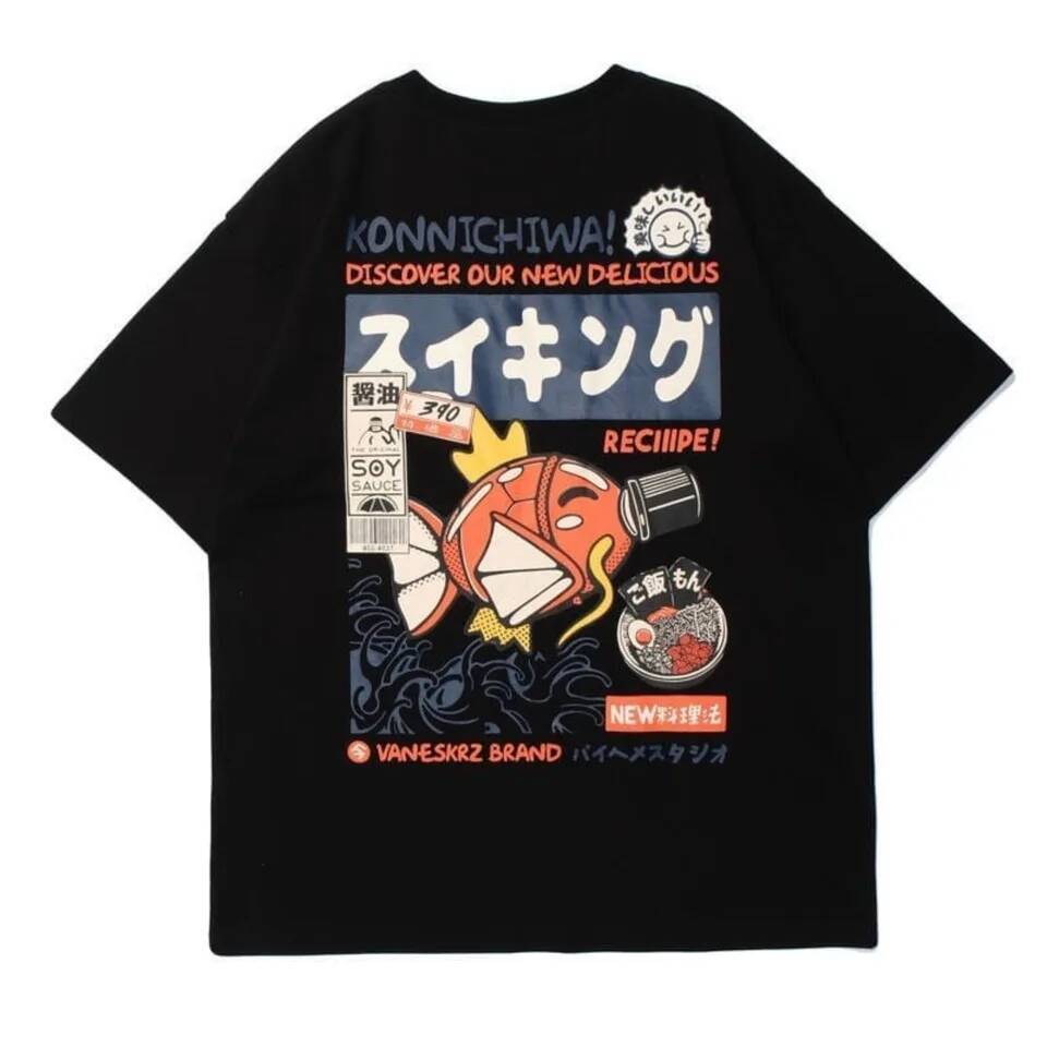 Japanese streetwear T-shirts: Men's koi fish soy sauce print Casual women's short-sleeved T-shirts for summer 2025 anime fashion Y2K clothin