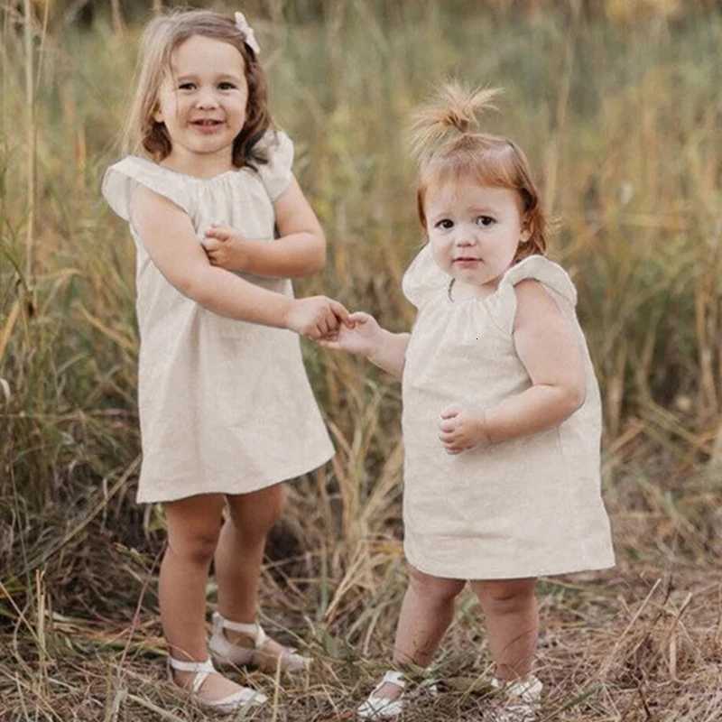 Girls Dresses Summer New Linen Bamboo Fiber Blend Solid Color Cute Little Flying Sleeve Princess Dresses Childrens ClothingT260330