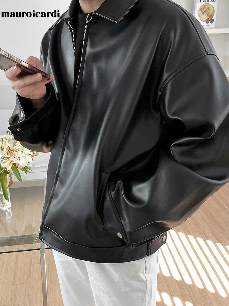Mauroicardi Spring Autumn Cool Short Black Soft Light Pu Leather Jacket Men Zipper Casual Mens Jackets and Coats Fashion 260327