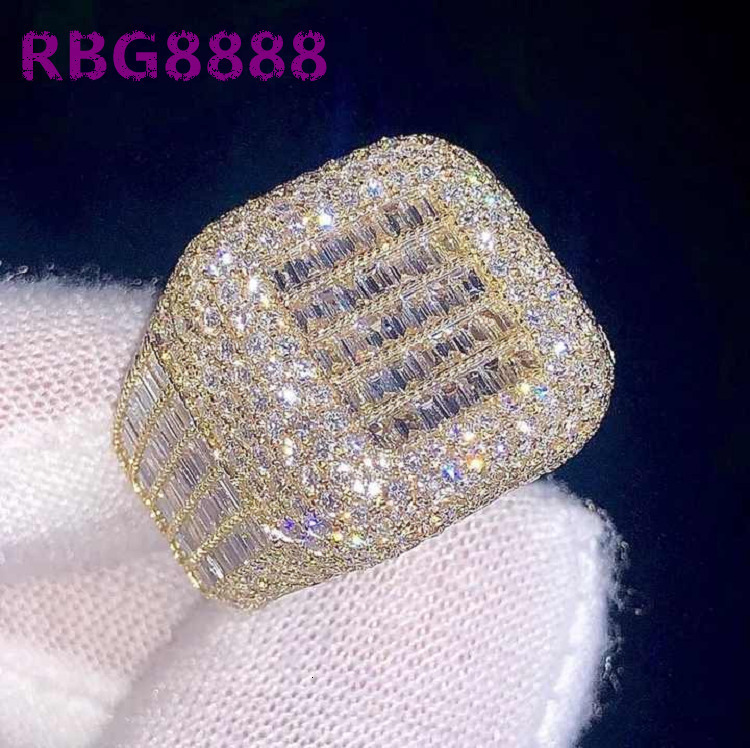 Hip Hop Moissanite Mens Custom Ring 925 Sterling Silver Square Shape Cuban Link Band Adjustable Size VVS Diamond Jewelry