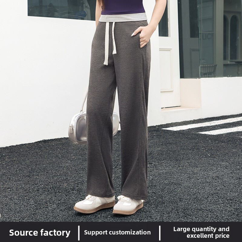 New slim-fit straight-leg pants for spring and summer, casual drawstring versatile wide-leg breathable women's long pants