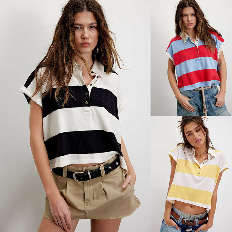 Hot Selling New Fashion Personality Casual Striped Polo Women S Short Sleeve Loose T Shirt