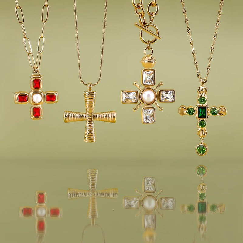 Delicate Colorful Bling Pendant Cubic Zirconia Jewelry Cross Stainless Steel Luxury Necklace High-Grade Fashion Shiny