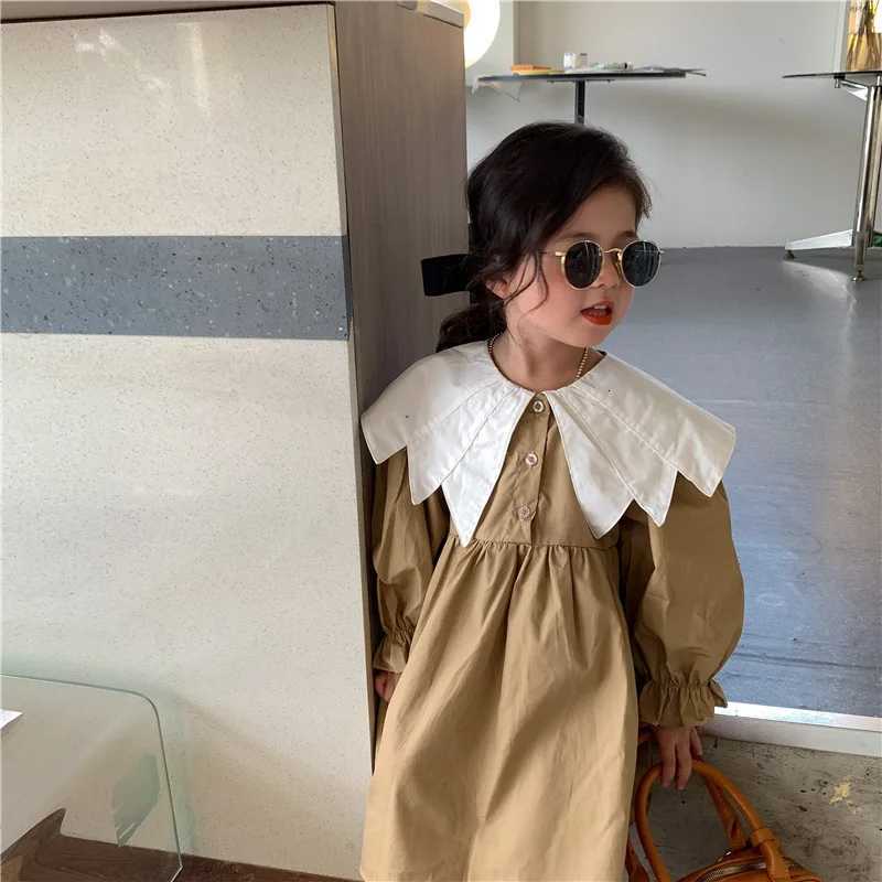 Girl Dress Spring 2024 New Retro Van Doll Pointed Collar Girls Dress Long Sleeve Khaki Princess Dress Sweet Casual DressT260330