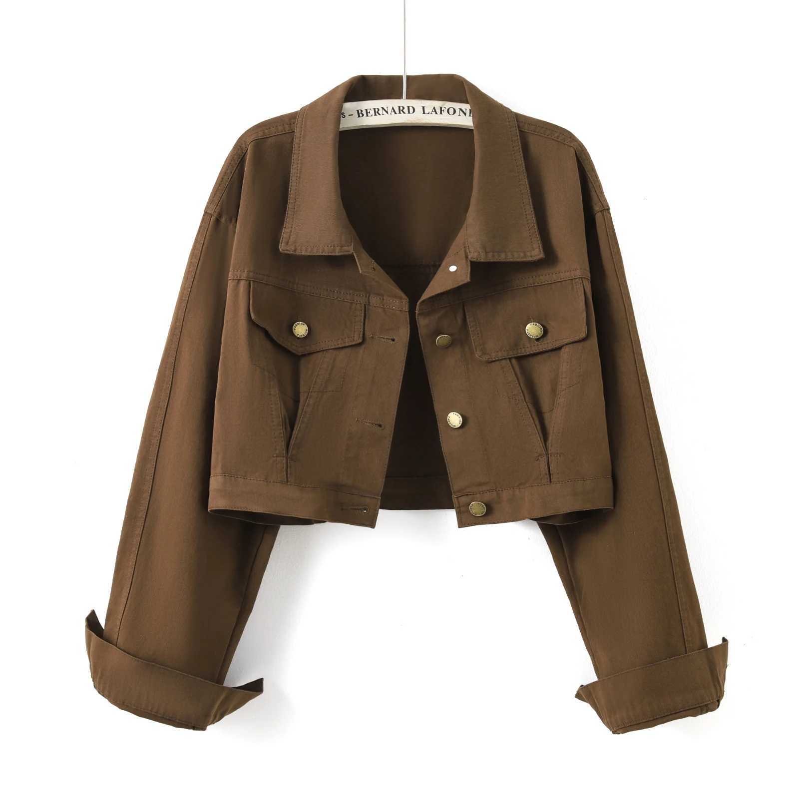 Retro Brown Short Denim Jacket Turndown Collar Long Sleeves Loose Fashion Versatile Jacket 2025 Spring Autumn New Womens TopT260328