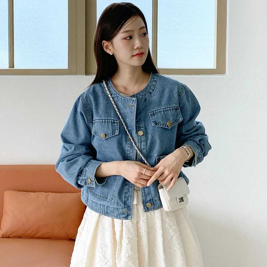 Botvotee Denim Jean Jacket for Women Vintage Pocket O Neck Long Sleeve Button Dowm Jeans Jackets Fall Spring OutwearT260328