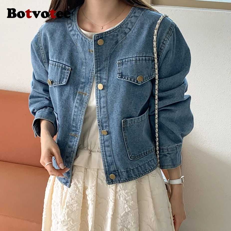 Botvotee Denim Jean Jacket for Women Vintage Pocket O Neck Long Sleeve Button Dowm Jeans Jackets Fall Spring OutwearT260328