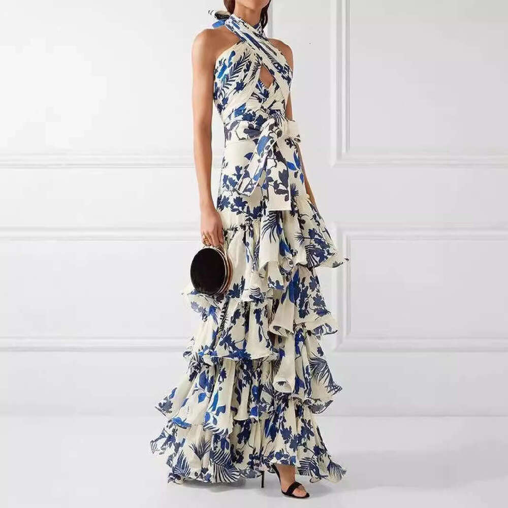 2026 summer h28 new designer bohemian vacation style lace up Lolita trumpet print dress from Europe and America