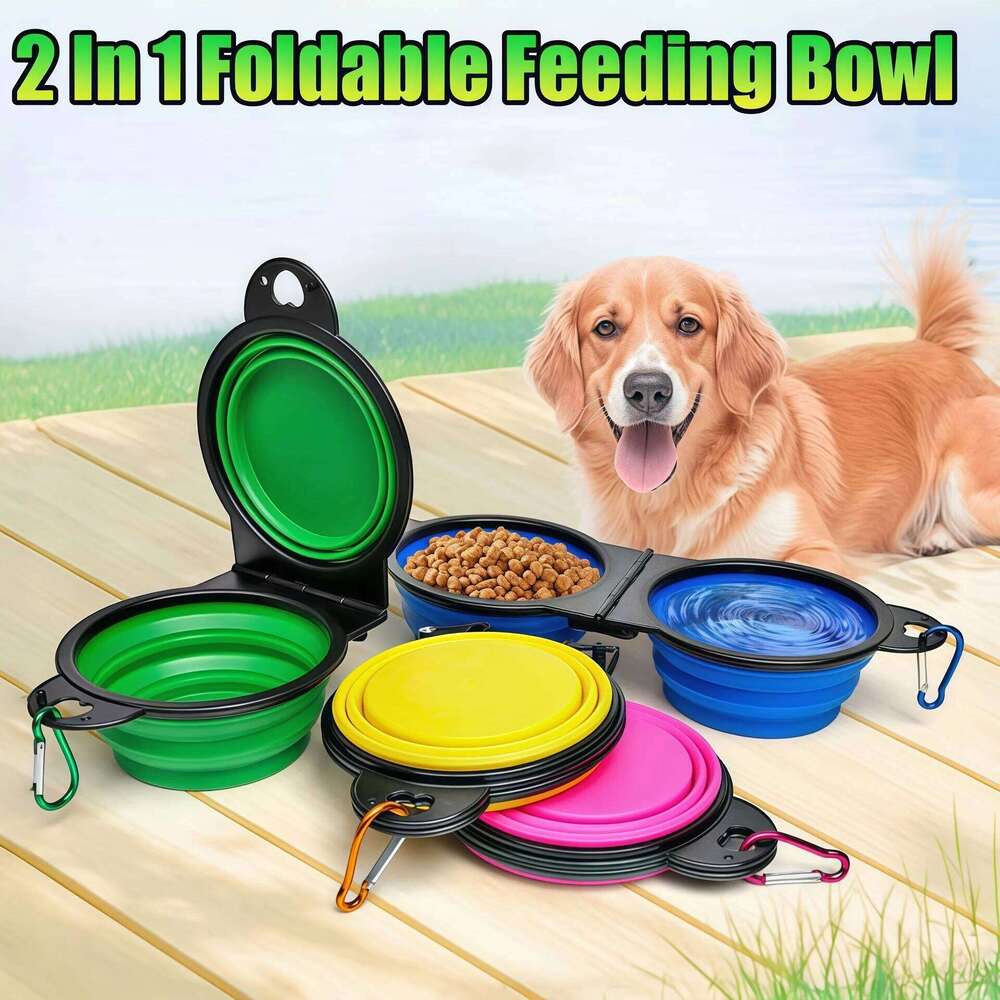 2 in 1 Collapsible Travel Double Bowls Folding Food Water Bowl Portable Hangable Feeder for Outdoor Dog Product