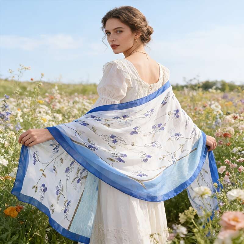 Elegant Mulberry Silk Square Scarf Watercolor Pastoral Floral Pattern Light And Summer Scarf Stackable Or Separate Wear, Multifunctional Fashion Liuyu