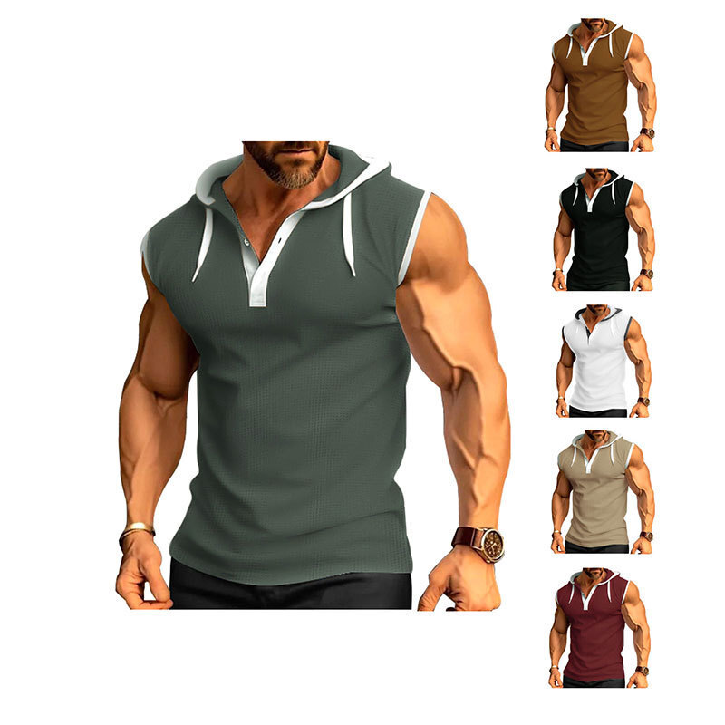 European and American cross-border Amazon 2024 summer new men's vest heavy-duty hooded sleeveless T-shirt trendy casual wear
