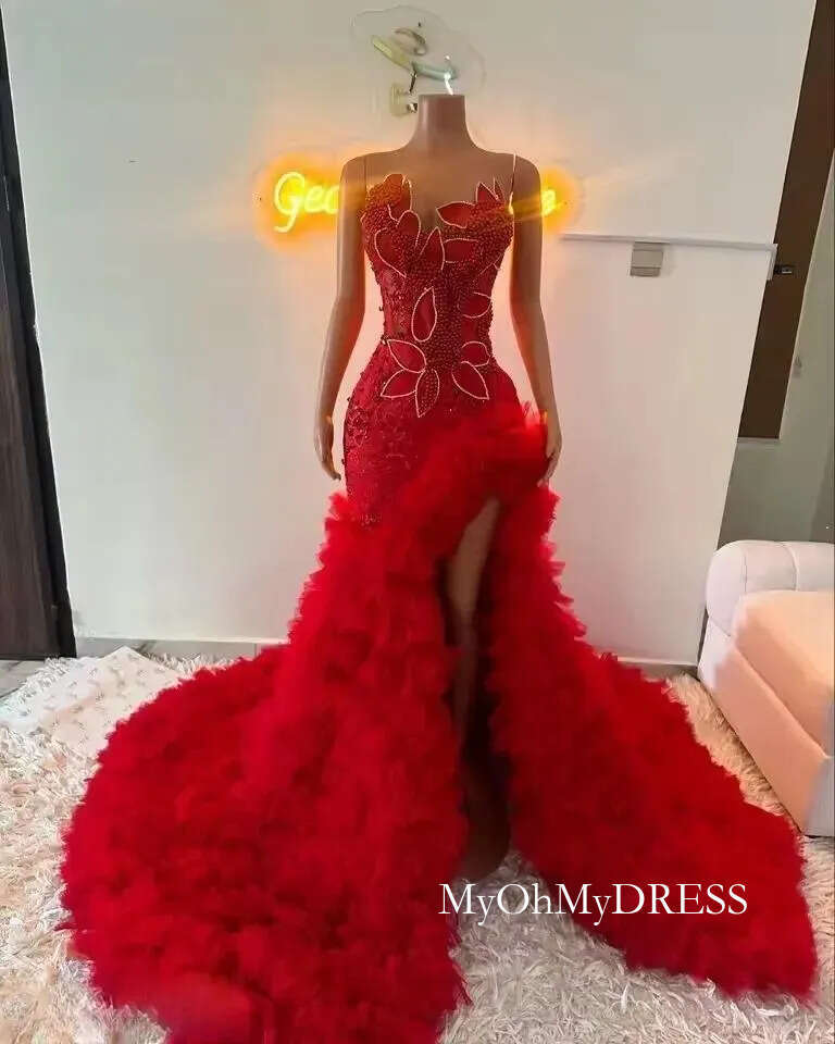 Luxury Red Mermaid Prom Dresses Party Vestidos Sweetheart Sparkly Crystal Diamonds Ruffles Tiered Evening Gown Customized 0214 D0330