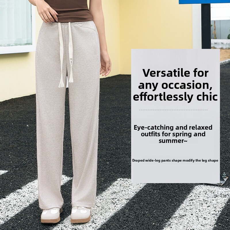 New slim-fit straight-leg pants for spring and summer, casual drawstring versatile wide-leg breathable women's long pants