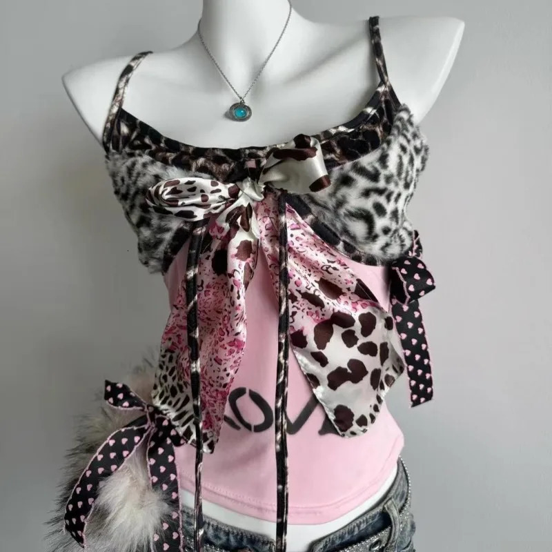 American Harajuku tie Camisole Subculture Leopard Patchwork Bow Halter Vest Y2K Aesthetic Letter Print Tanks Womens Slim Top 260327
