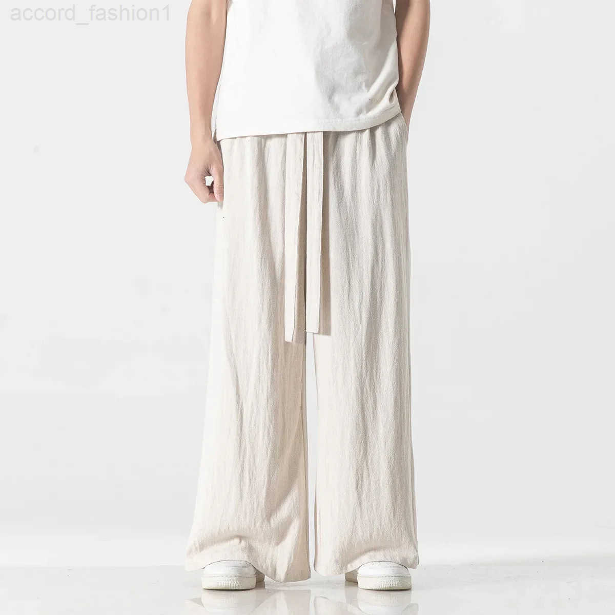 Spring Cotton Linen Pants Men Elastic Waist Casual wide leg Pant Loose Sweatpants Traditional Chinese Trousers pantalons homme H260330