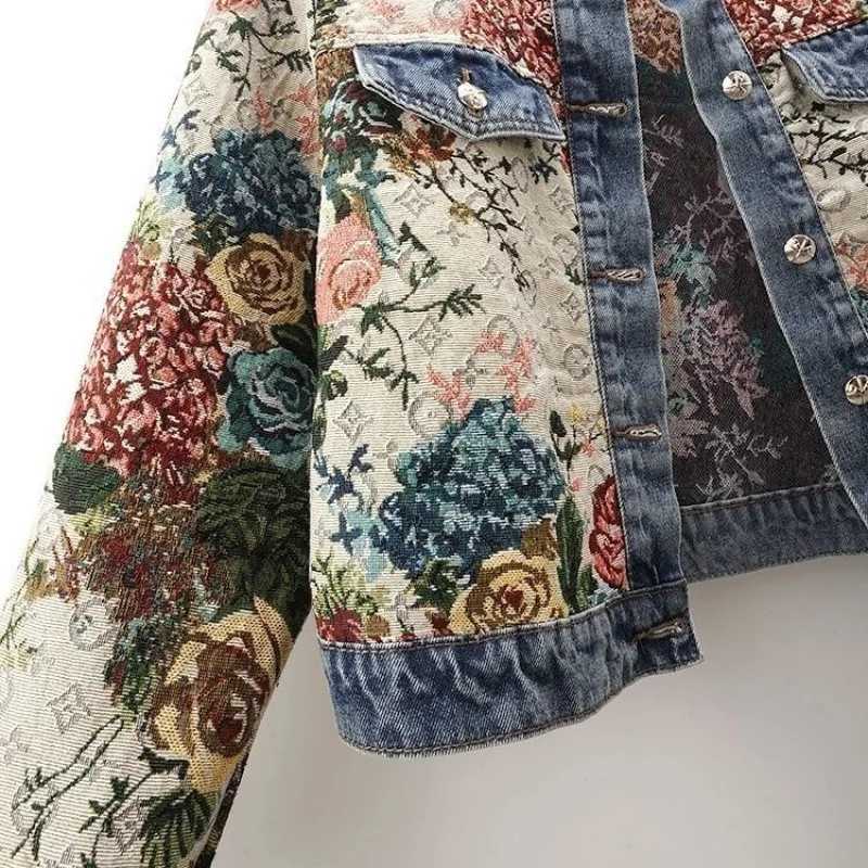 Chinese retro jacquard long-sleeved round neck denim jacket womens spring new fashion temperament short Joker little jacketT260328