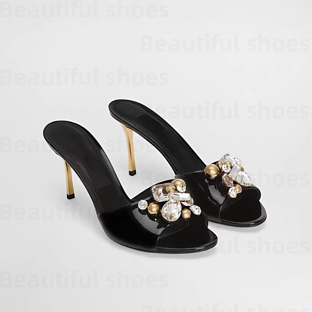 Top quality women's stiletto heel slippers mule Luxury cowhide patent leather rhinestone sandals fashion designer high-heeled slippers size 35-42 with box