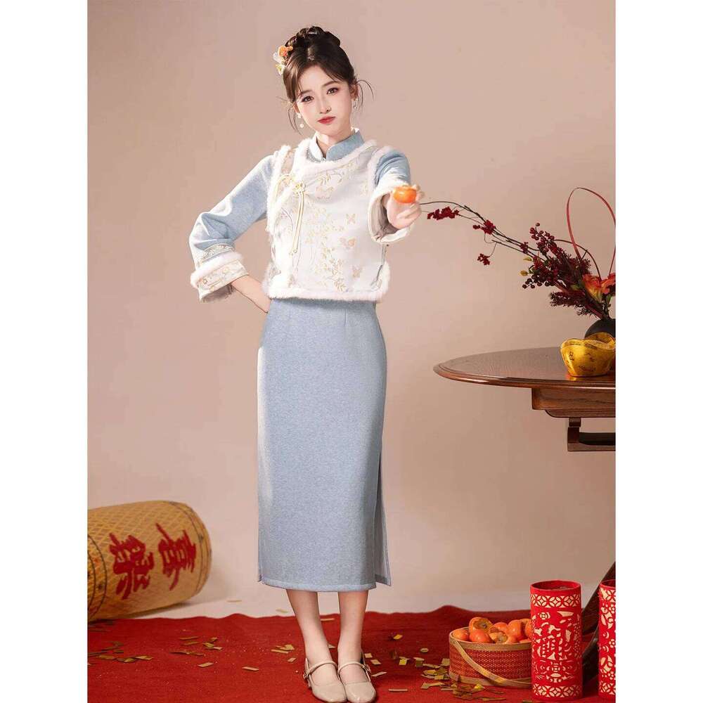 Yourqipao Cheongsam Thicken Velvet New Winter Qipao Evening Dress Women Feather Skirt MAKOUFEI