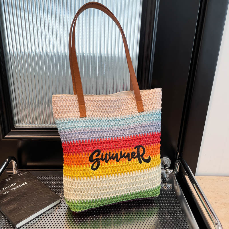 Free Shipping High Value Rainbow Striped Straw Tote Bag for Women Summer Beach Handbag Large Capacity Shoulder Bag