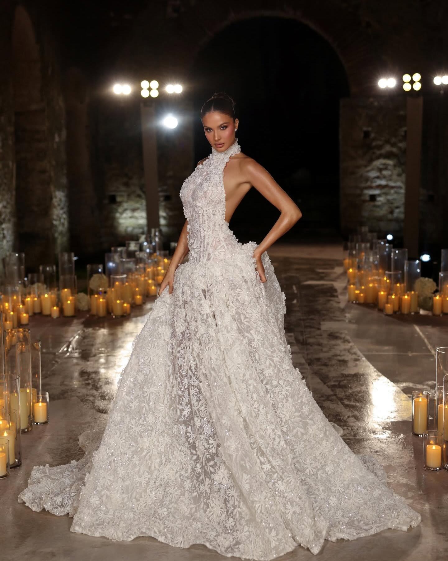 Luxury Ball Gown Wedding Dresses Halter Neck Sexy Backless Appliques Lace Bridal Gowns Sweep Train Customized Robe