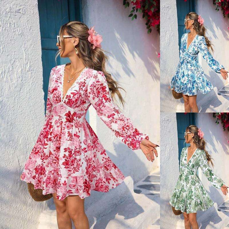 European and American cross-border women's clothing Amazon new product lace V-neck printed casual vacation long-sleeve dress